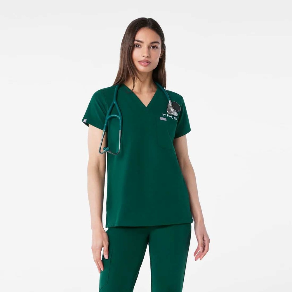 FIGS Catarina Scrub Top Women Large V-Neck Single Pocket Technical Forest Green